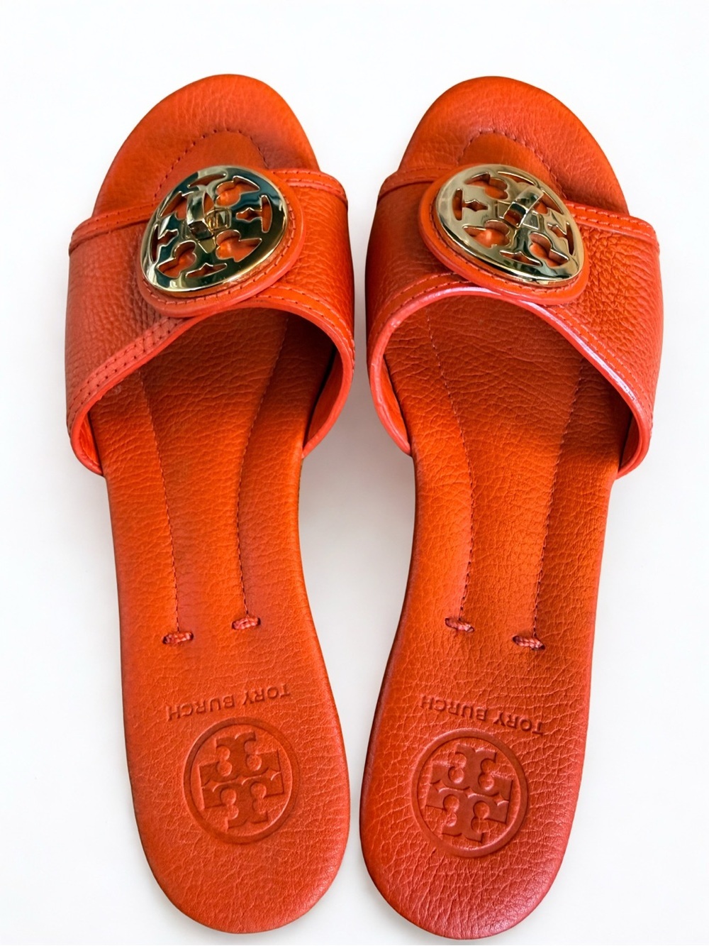 Tory Burch Selma Orange Leather Gold Logo Wedge Slide Sandals Size 6.5M - Picture 2 of 7